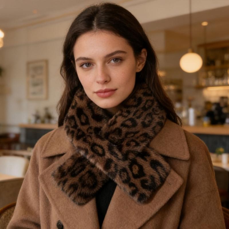 Comfortable and Stylish Leopard Pattern Neck Warmer Soft Faux Furs Winter Scarf for Keeping Warm In Chilly Weather