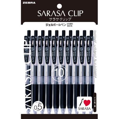 Zebra Sarasa Clip Gelstifte 0,5 mm Schwarz, 10er-Pack - Gel-Tintenkugelschreiber für geschmeidiges Schreiben