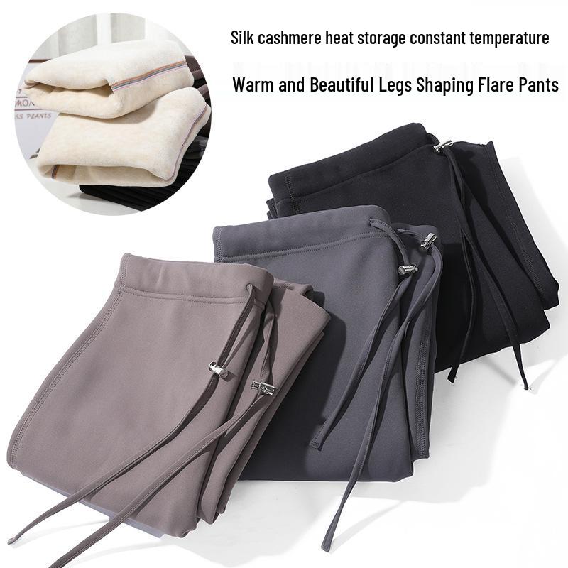 Winter Fleece-Lined Maternity Flare Pants with Abdominal Support and High Waist Design