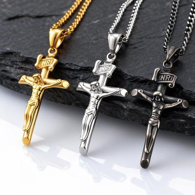 Waterproof Catholic Cross Necklace for Men,Stainless Steel Crucifix Pendant with 60cm Cuban Chain,Religious Jewelry Gift