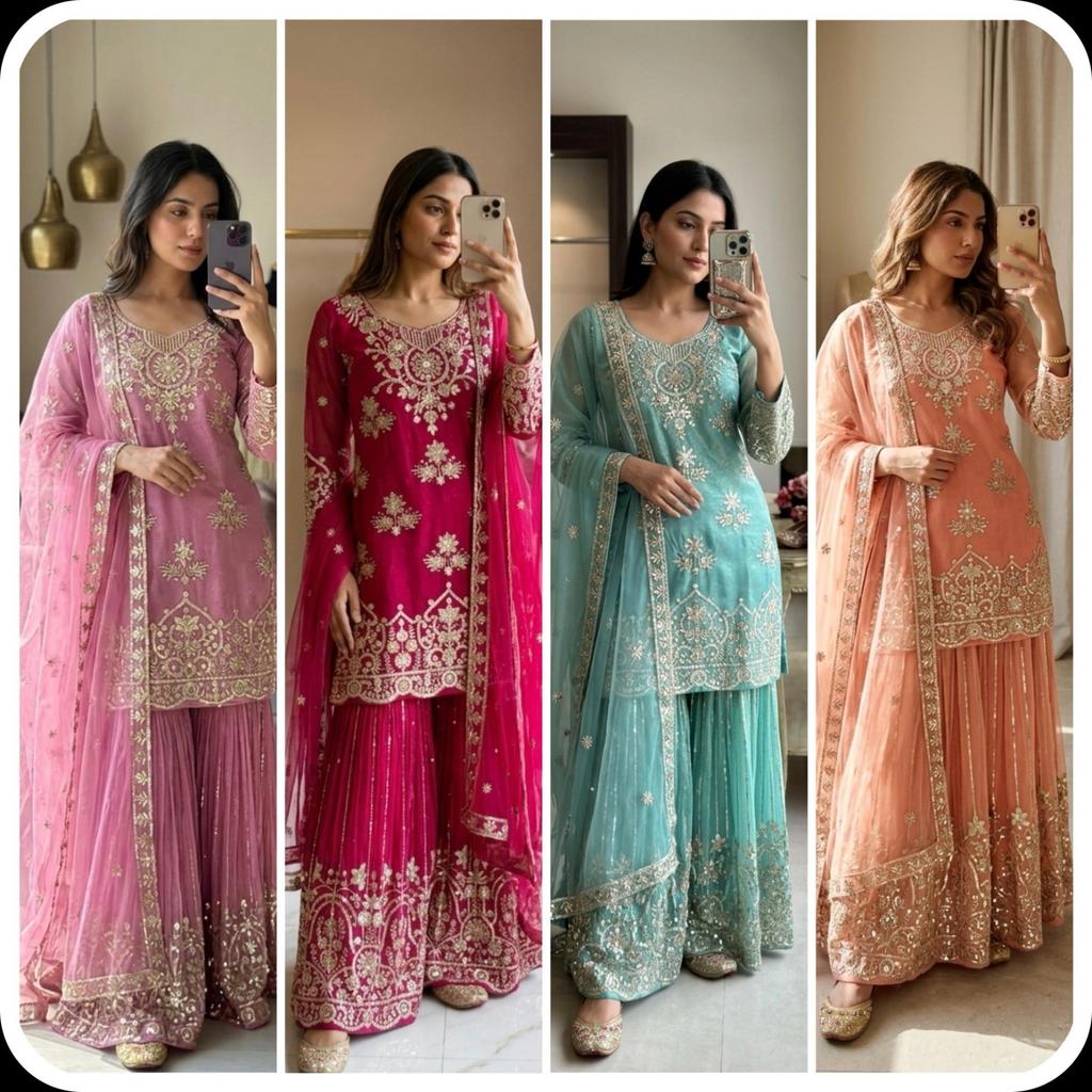 Bellissimo Salwar Kameez Pakistano da Festa Designer Bollywood Top Tuta Sharara