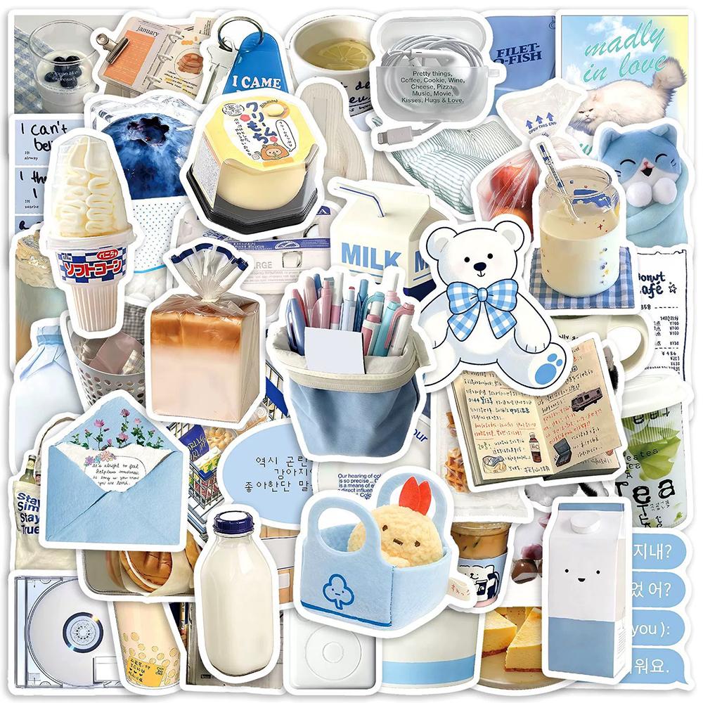 10/30/50pcs Blue Ins Style Cream Art Cartoon Stickers Aesthetic Food Milk Bread Sticker Decorative Phone Diary Kawaii Decals Toy