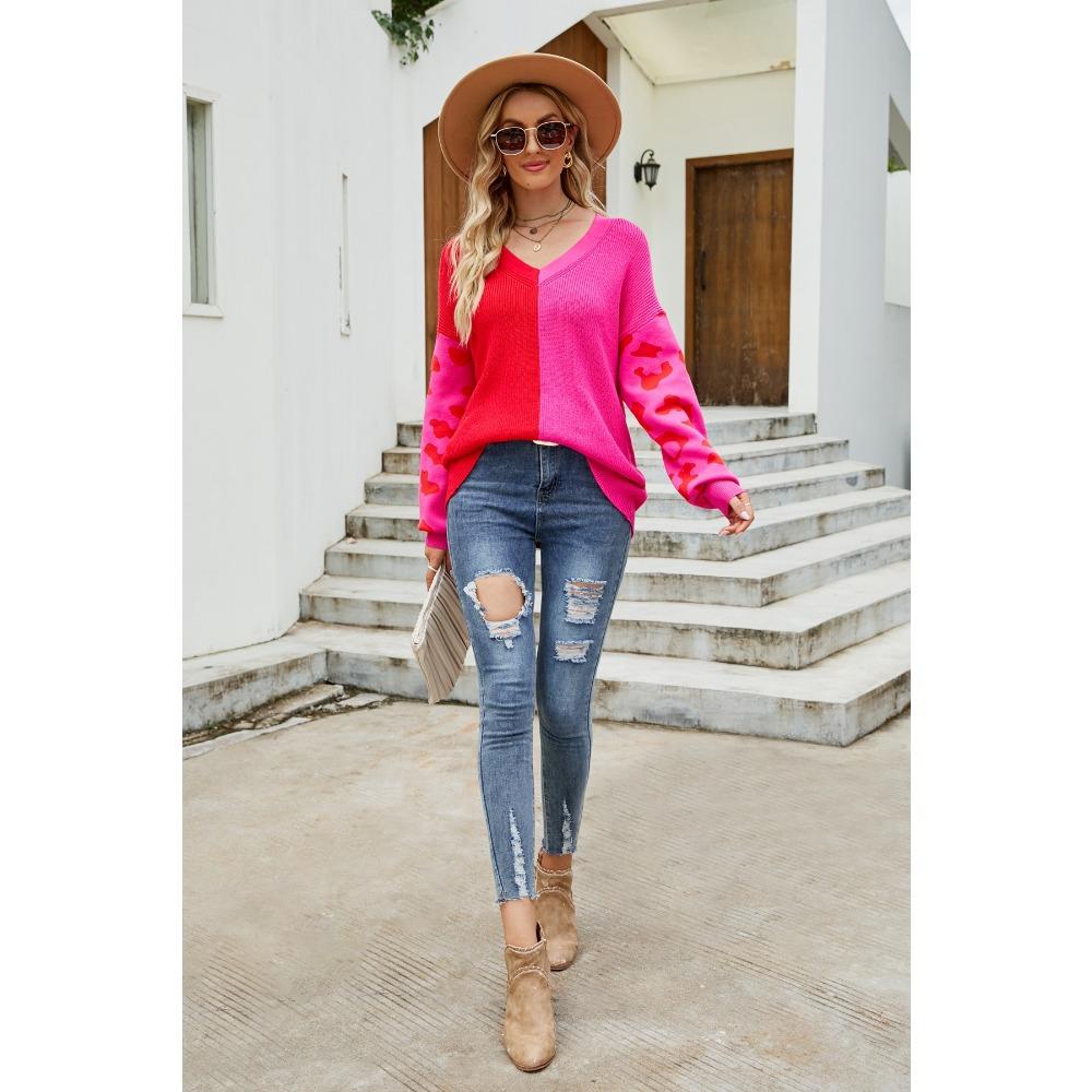 Autumn and Winter Contrasting Leopard Print V-neck Fashionable Pullover Women's Sweaters
