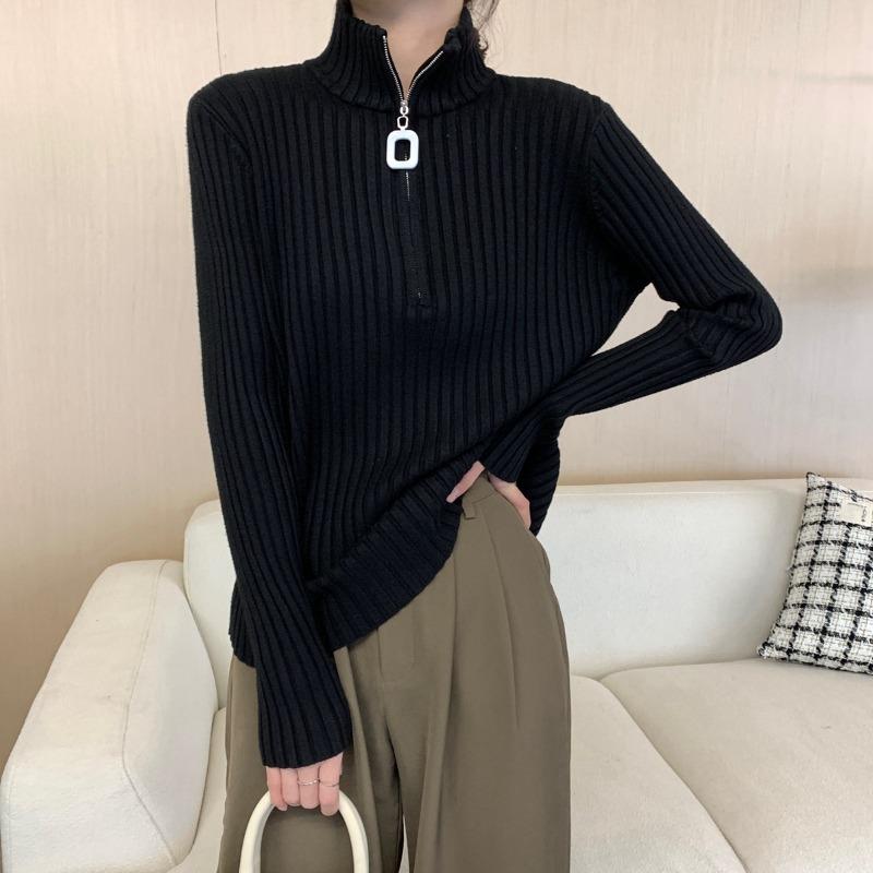 Design Sense Semi-zipper Long-sleeved Knitted Sweater Women's Spring New Thickened Pit Strip Bottoming Shirt with Sweater Inside
