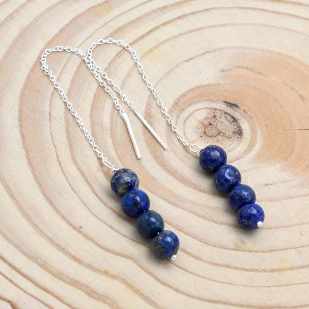 Lapis Lazuli 925 Silver Threader Earrings, Gemstone Women Handmade Fringe Earrings