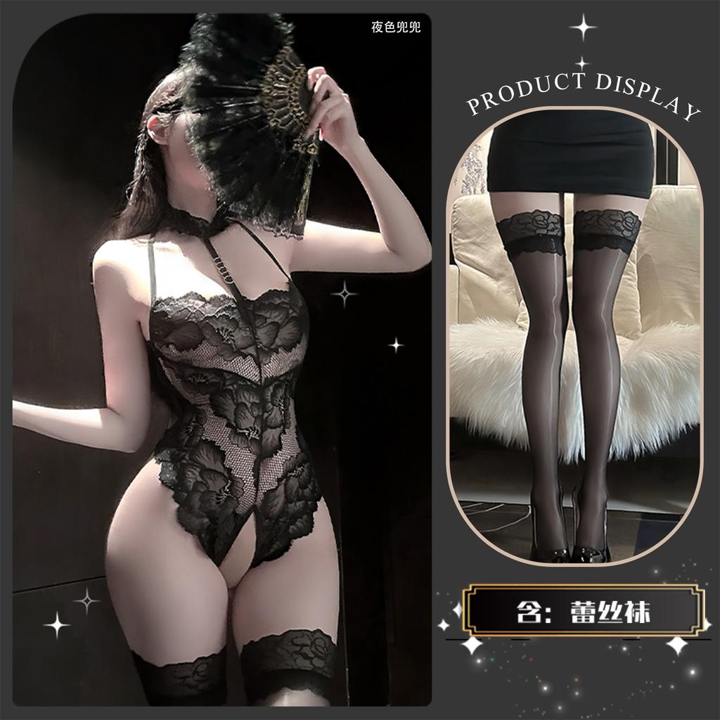 Sexy lingerie Sexy pure desire wind lace print Hollow onesie Slim open gear no-take-off clothing