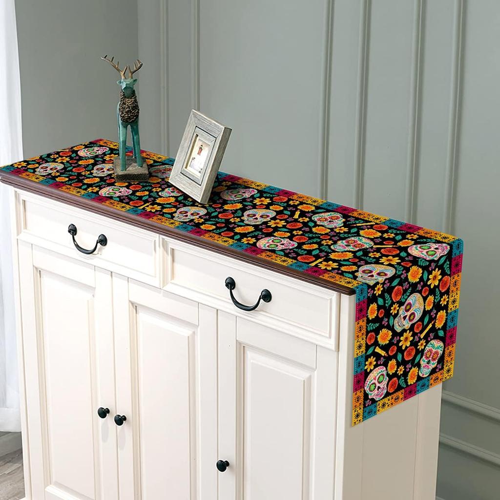 Dia De Los Muertos Table Runner Linen Mexican Sugar Skull Day of The Dead Altar Decoration for Home Kitchen Dining Room (13" X 72")