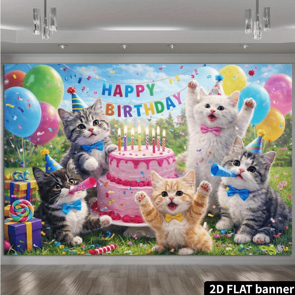 2D Plane Lawn Background Cloth for Celebrating a Cat's Birthday Featuring Five Cute Cats and a Double-layered Pink Cake Element