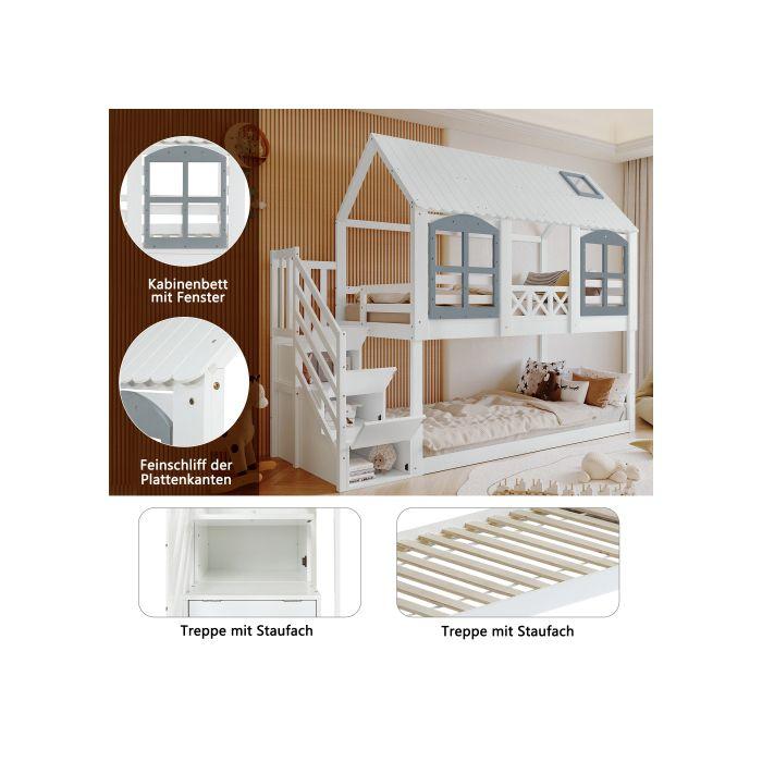 Lit superposé - MUVOE - 90x200 cm - Pin + MDF - Blanc + Gris - Avec toit et fenêtres