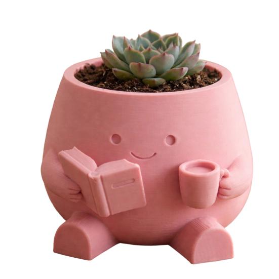 Sød Smilende Ansigt Planteholder, 3D Printet Læsende Hoved Planteholder, Siddende Figur Med Bog Og Kop Plante Pot til Sukkulenter Kaktus Skrivebordsdekoration