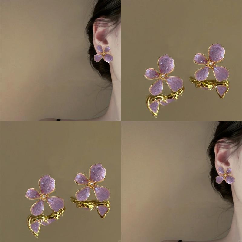 Drip Oil Purple Pearl Flower Summer Girl Heart Versatile Sweet And High End Earrings