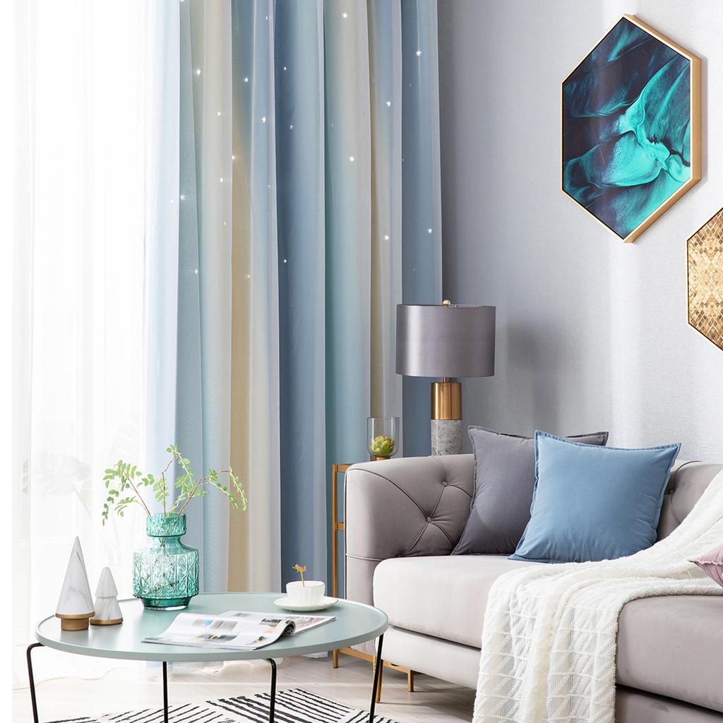2pc Curtain Simple Gradient Hollow-out Star Pattern Double Layer Blackout Bedroom Living Room Insulation Curtain