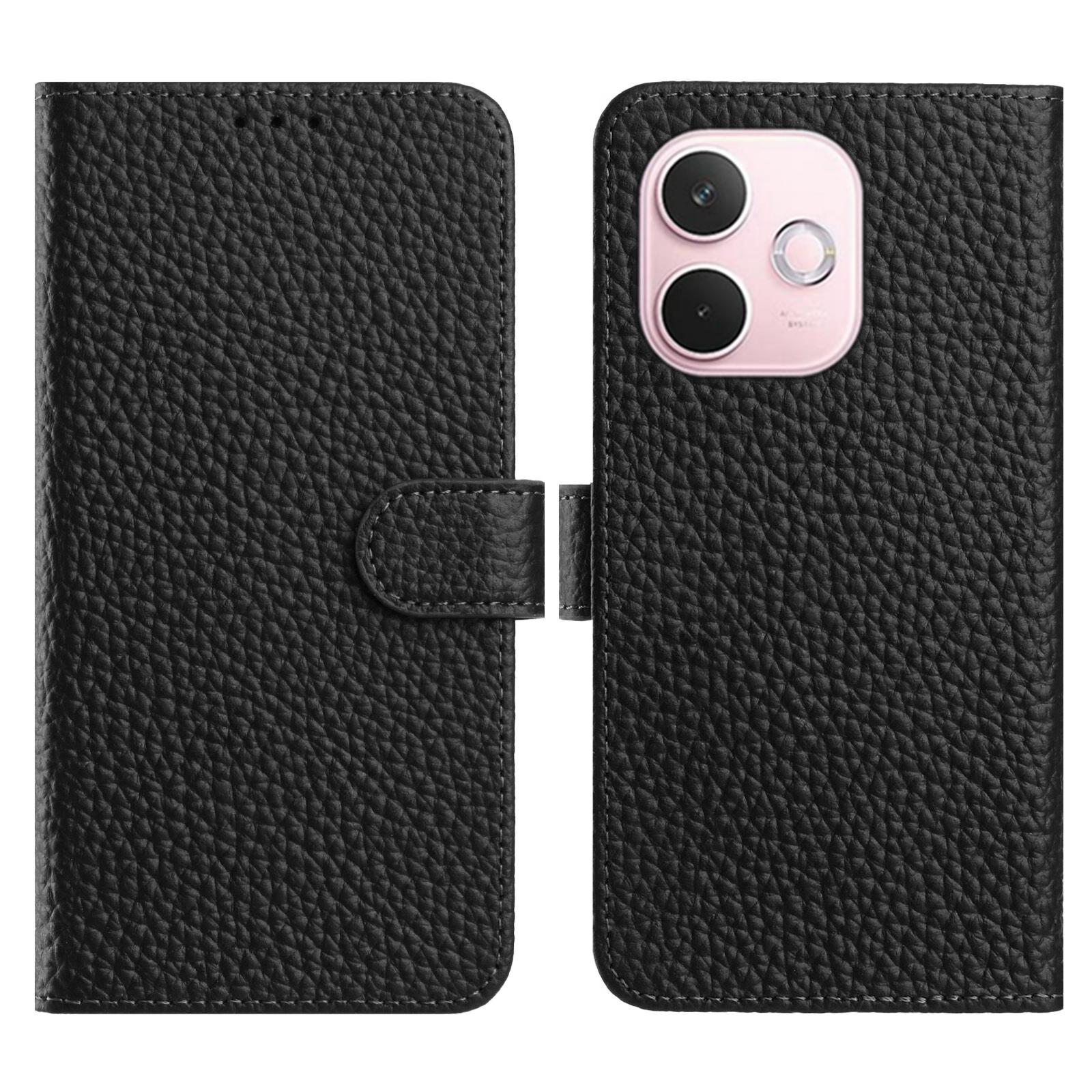 

For Oppo A5 Pro 5G (Global)/4G (Global) Case Wallet Stand Litchi Texture Genuine Cow Leather Flip Phone Cover Black