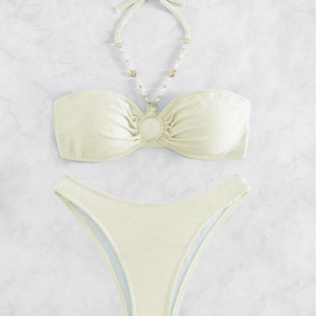 2024 Sexy einfarbiger Neckholder-Bikini mit Kettendetails - Europäische & Amerikanische Damen-Bademode