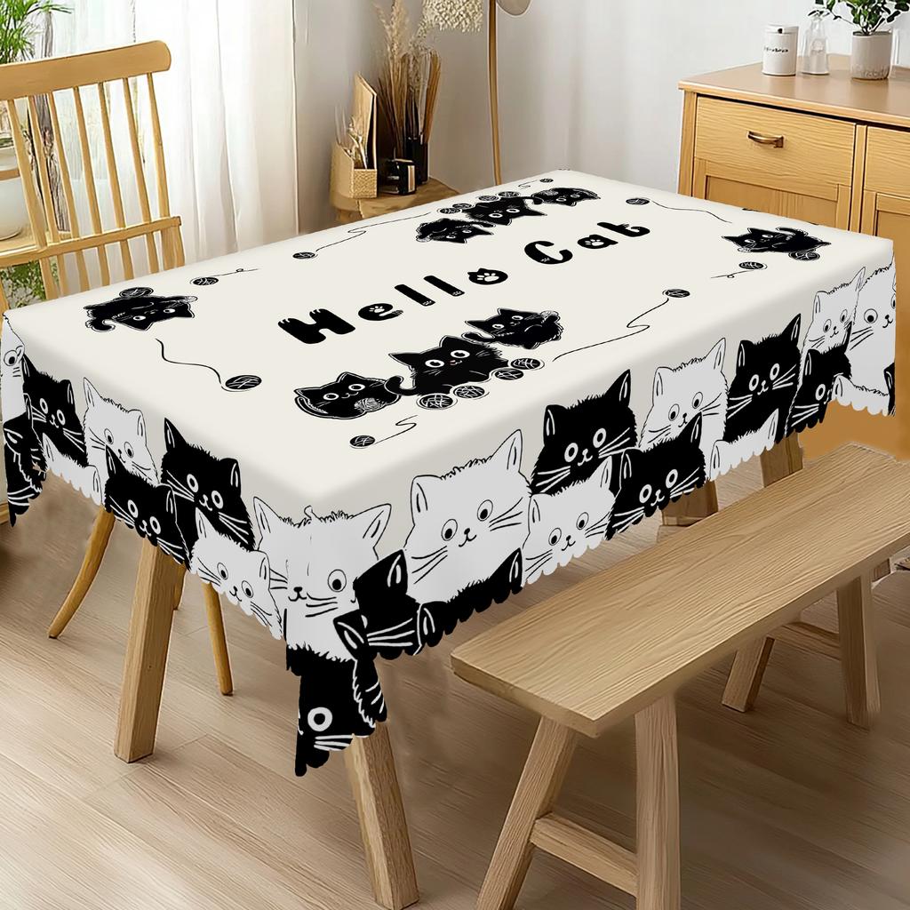 1 Piece Black And White Cat Pattern Tablecloth, Cute Cat Decoration Party Supplies Polyester Machine Washable Tablecloth With Lace, Suitable For Party