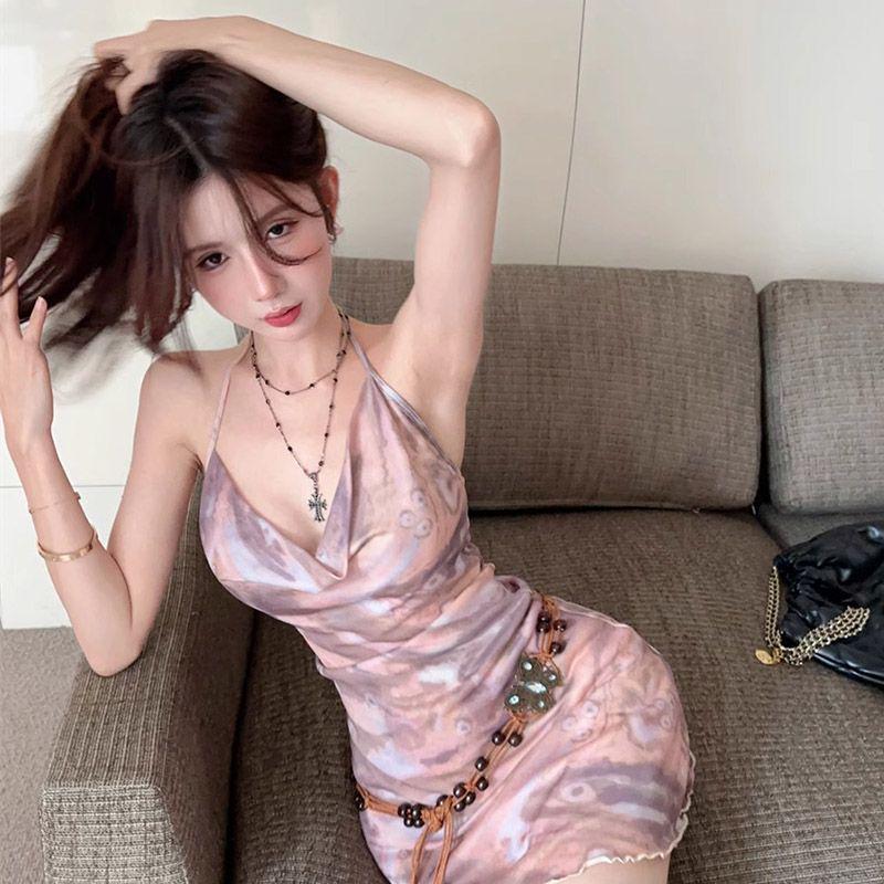 Retro Batik Neckholder Kleid – Figurschmeichelndes V-Ausschnitt Rückenfreies A-Linien-Kleid für Damen für Frühling/Sommer