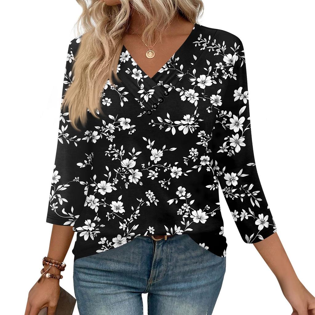 Dames Print Top Knoopsluiting V-hals T-shirt 3/4 Mouw Losse Mode Top