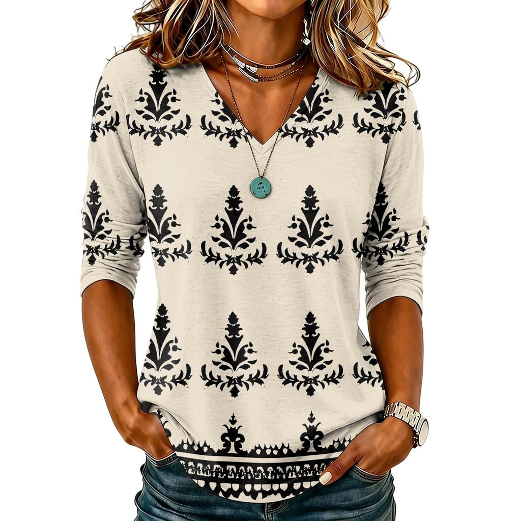 Damen V-Ausschnitt Bohemian Print Top Lässige Langarmbluse Leicht Locker Geschnittenes Hemd für den Alltag