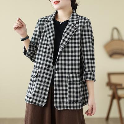 Cotton Linen Plaid Blazer Jackets Autumn Women Coat Pocket Retro Jacket Suit Vintage Lapel Collar Thin Blazers Jacket