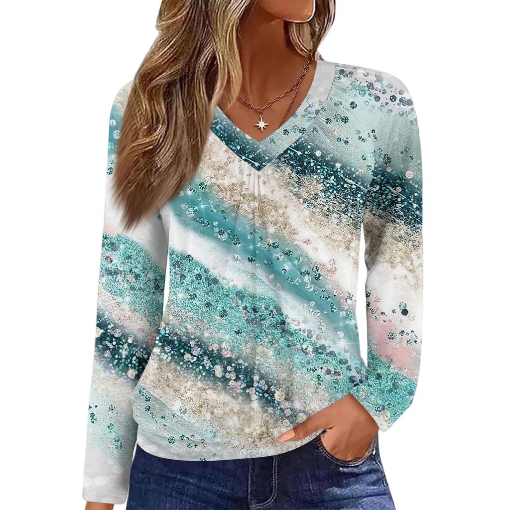 Women's Casual Fashion V-Neck Raglan Pleated Floral Print Long Sleeve Top