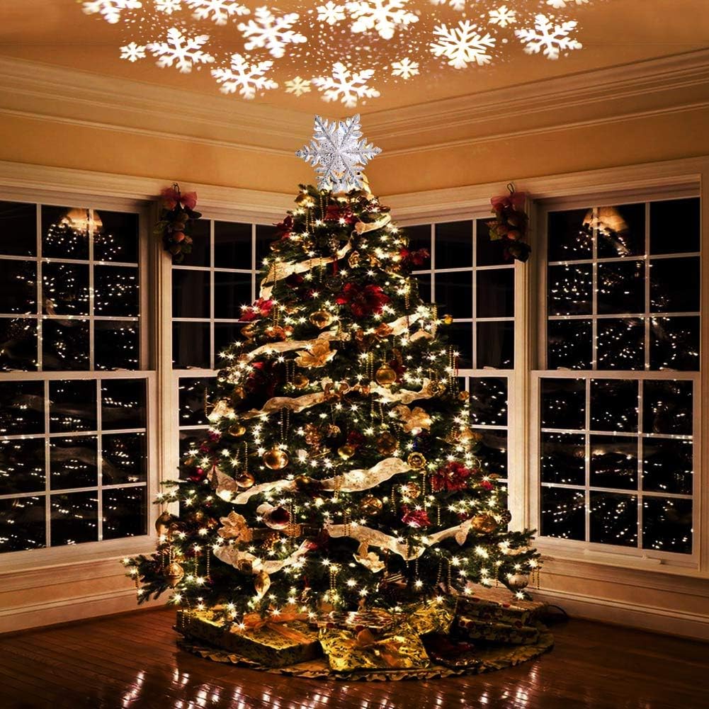 LED Christmas Tree Topper with Rotating Snowflake, Silver Snow Projector Night Light, for Indoor Outdoor Xmas Decor
