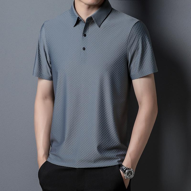 Trendy Seamless Short-sleeved Men's Solid Color Fashion Casual Lapel Middle-aged Men Korean Style Short-sleeved