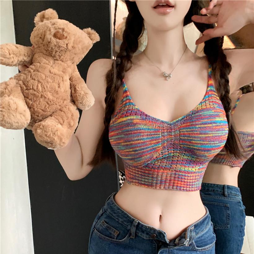 Spicy Girl's Knitted Camisole Vest Short Style for Women In Summer Sexy Chic Slimming Bandeau Sleeveless Outer Wear Top