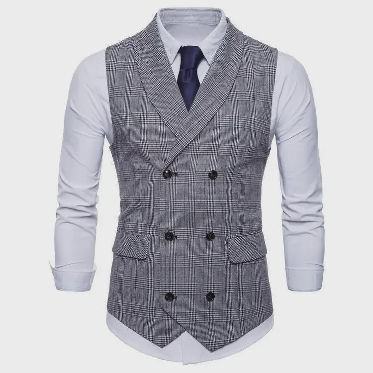 Spring & Autumn Men's Double-Breasted Plaid Suit Vest - Korean Slim Fit