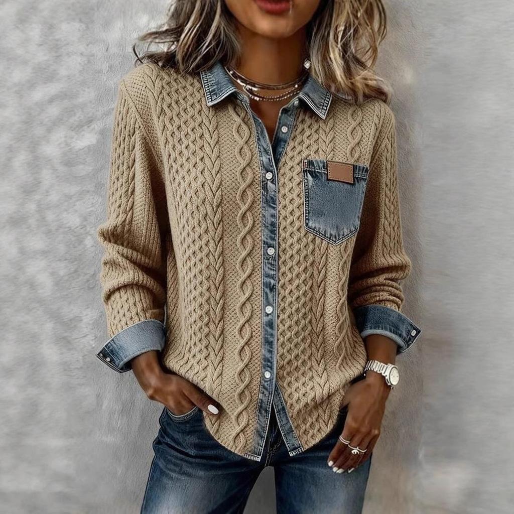 Dark Grey Knit Shirt with Denim Trim and Chest Pocket