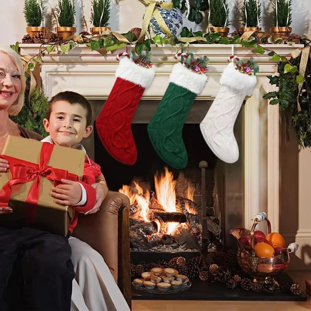 Large Size Knitted Christmas Stocking With Fluff Christmas Tree Ornaments Christmas Gift Bag  Kids
