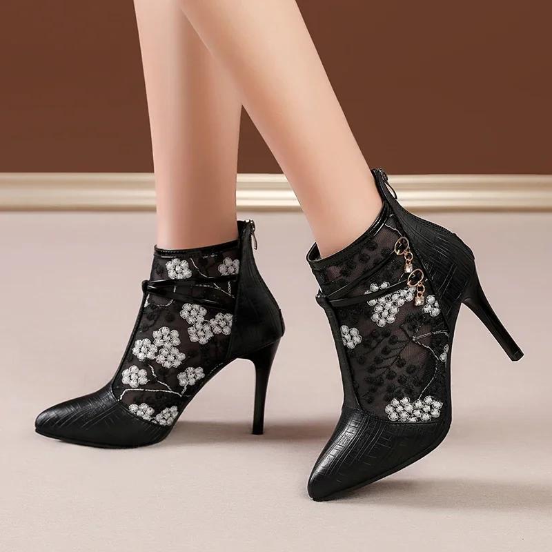 fashion Sharp toe mesh boots, high heels, women's summer 2024 fashion new mesh cool boots, fashionable and luxurious slim heel sandals