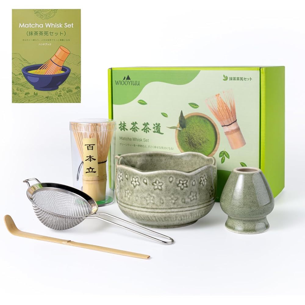 

HAUUFENN Matcha Tea Set 5-Piece with Matcha Bowl, Scoop, Whisk, Whisk Holder, Strainer Green