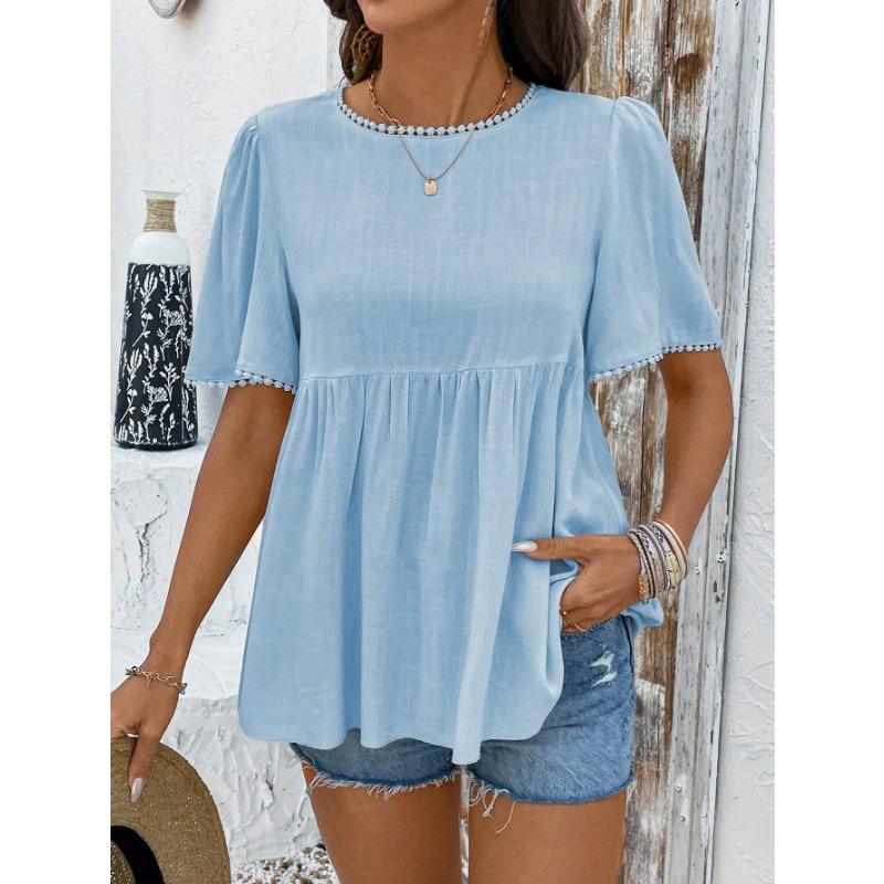 

YYFS Женская мода повседневная летняя весна однотонная принтованная блузка с коротким рукавом и круглым вырезом и рубашками XXL светло-синий