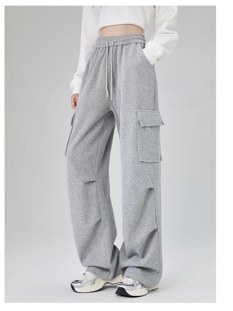 Women's Light Grey High-Waisted Strappy Overalls - Spring/Autumn Wide-Leg Pants with Large Pockets, Casual Sportswear