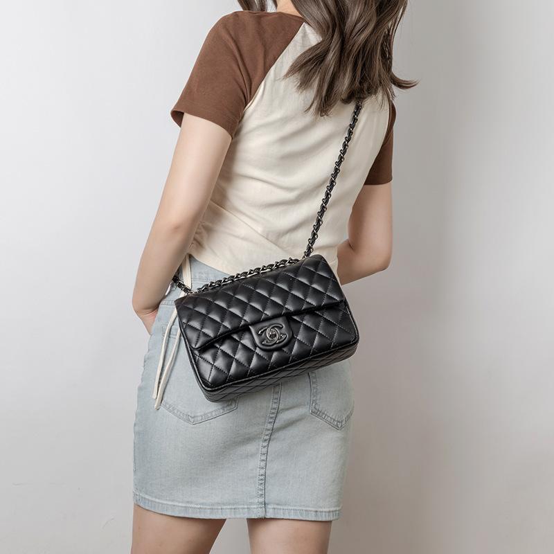 Ladies' High-end Diamond Grid Chain Bag, Genuine Leather Shoulder Crossbody Bag for Women