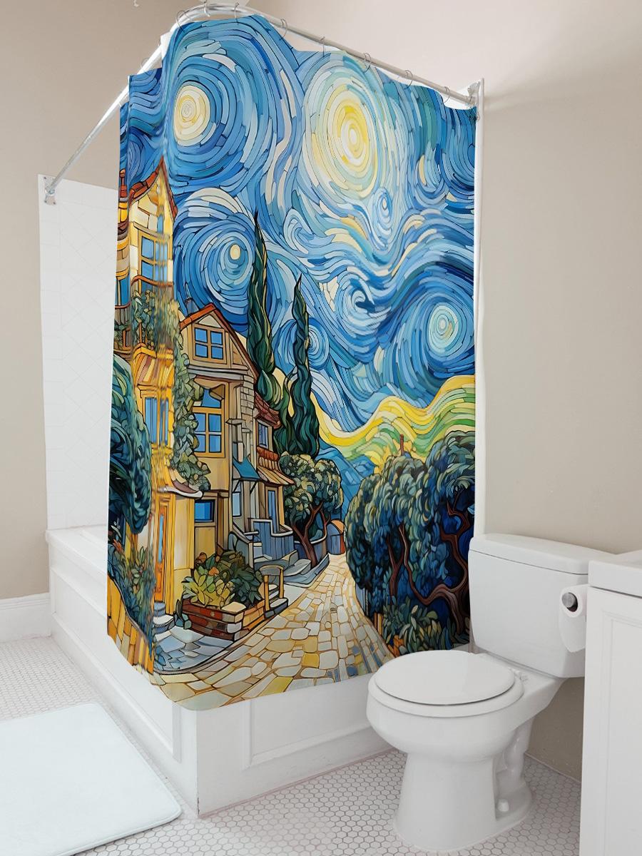 Baifenbai Home Furnishing Light Van Gogh Inspired Starry Night Village Shower Curtain Transform Your Bathroom Into An Artistic Haven Waterproof Durable