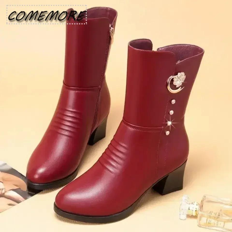 Soft Leather Ankle Boots for Women Spring Winter with Plush Warm Side Zipper Round Toe High Heel Lady Boots Casual Mom Shoes PU