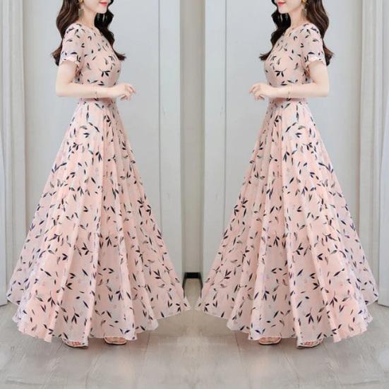 Kvinners Sommer Chiffon Flytende Maxi Kjole Casual A-linje Kort Erm Crew Neck Lang Kjole Blomstret Boho Strand Sommerkjole