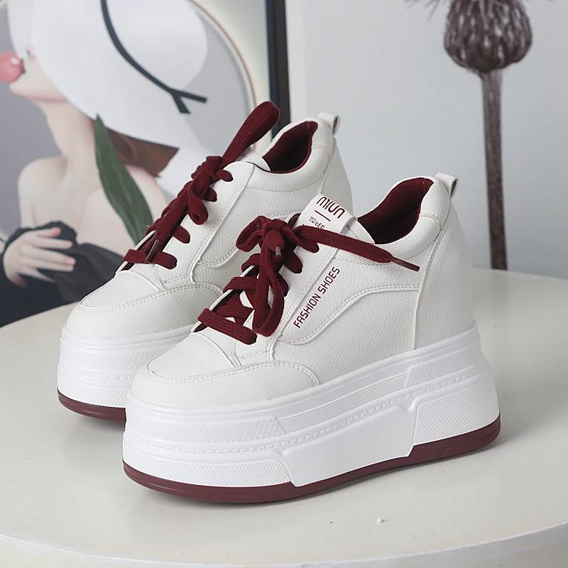 Fashion 12CM Genuine Leather Platform Sneakers Wedge Shoes  Women Breathable Sneakers Autumn Casual Shoes Hidden Heel Zapatillas Mujer