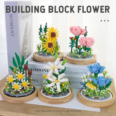 Flower Micro Building Blocks Lily Rose Tulips Bouquet Immortal Daisy Sunflower Mini Brick Figure Toy For Home Decor With Display