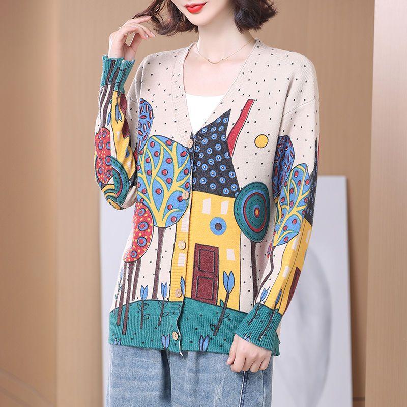 

Women s Printed Cardigan Sweater Loose V-Neck Wool Cardigan Autumn Soft Knitted Sweater Jacket 2XL