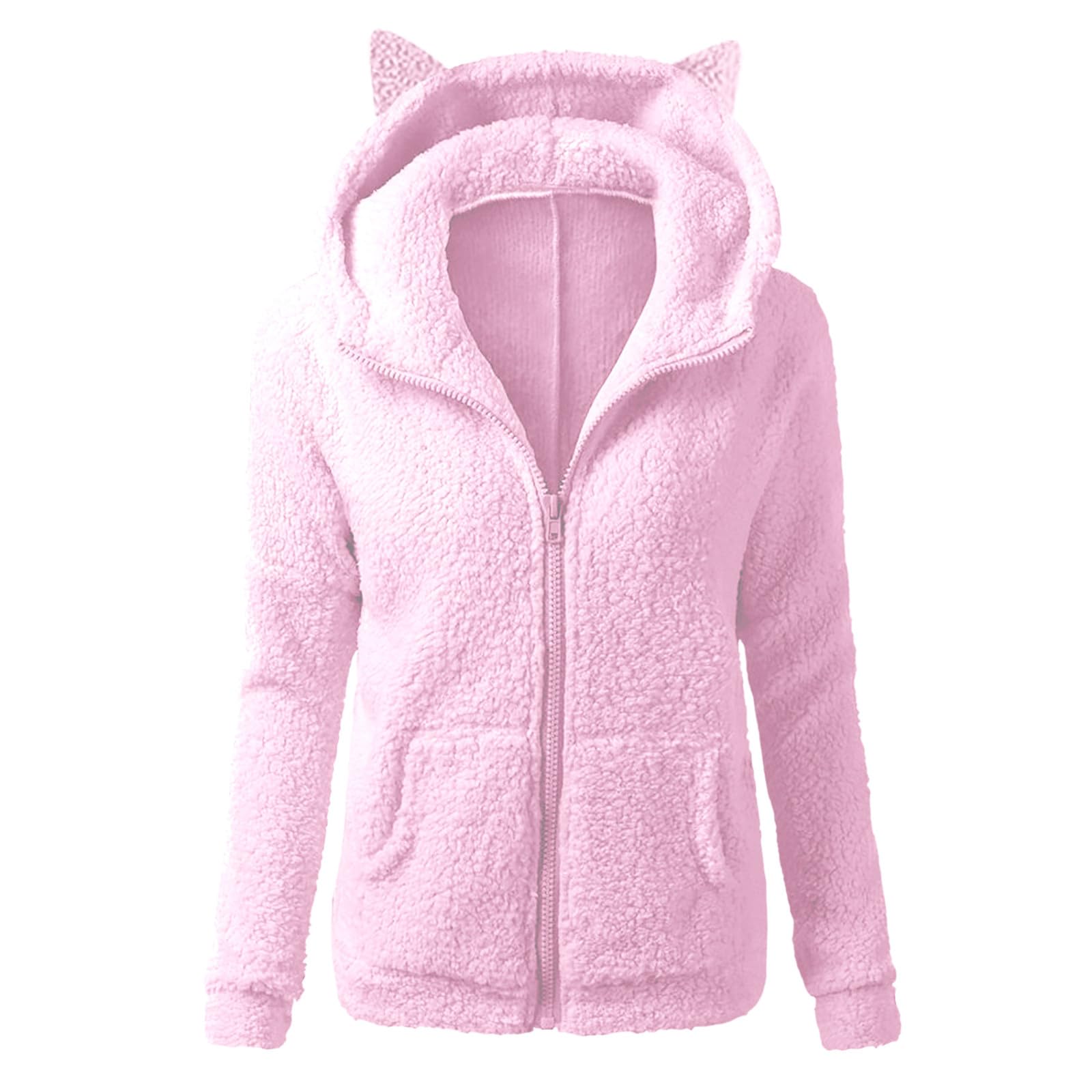 Women s Fashion Color Sweatshirt Loose Hooded Fleece Zipper Jacket Top M розовый 2180₽