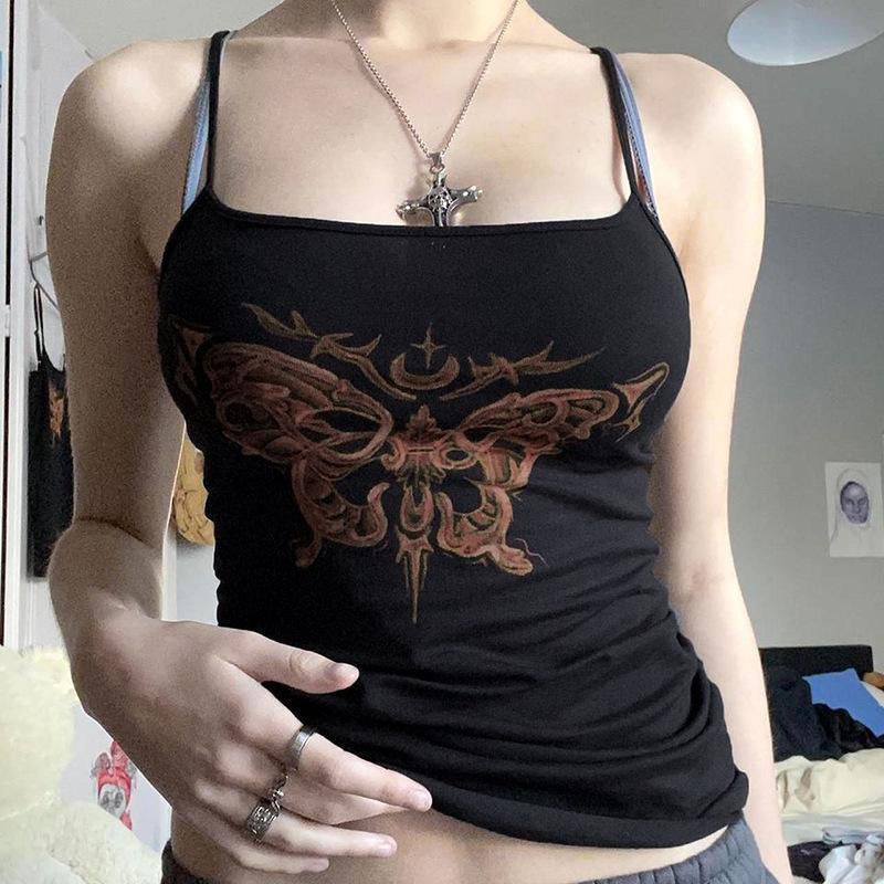 Dark Sexy Butterfly Printed Suspender Small Vest Women's American Elastic Slim Bottom Top Spice Girl New