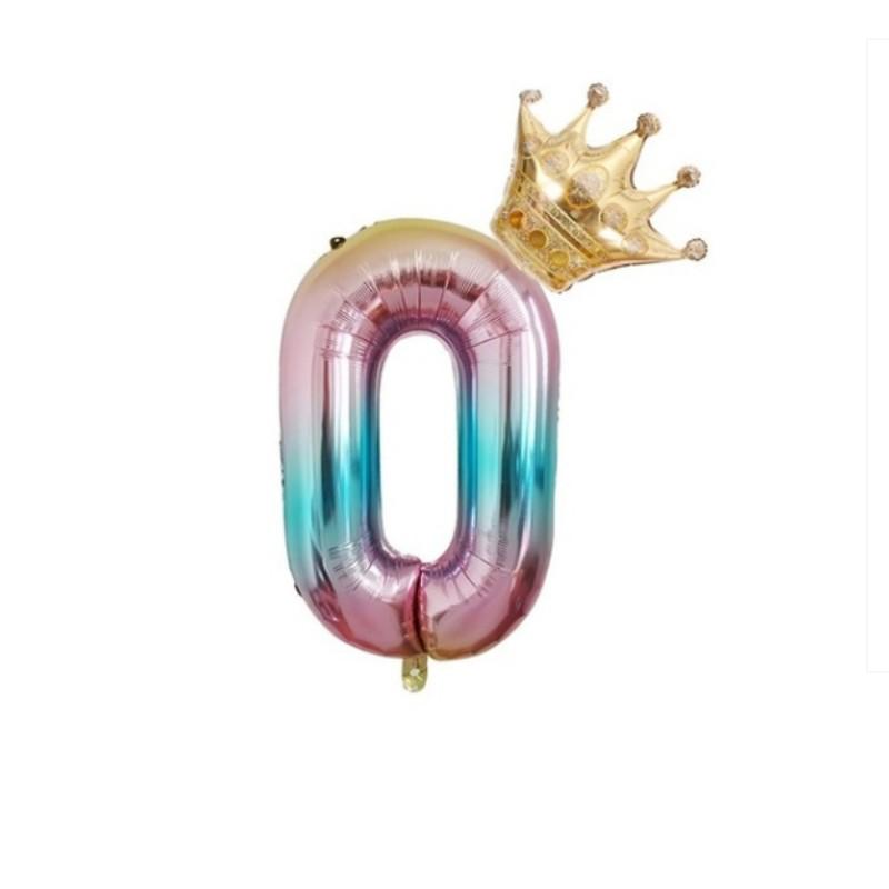 

32-дюймовый градиент из алюминиевой фольги 12-дюймовый воздушный шар в форме короны, украшение для дня рождения, Радуга, цифровой шар 0