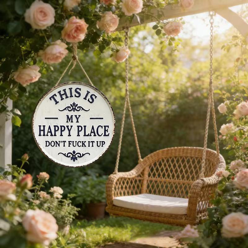 2D Flat Rustic Metal Garden Sign Happy Place Wall Art Decorative Outdoor Yard Plaque for House Porch