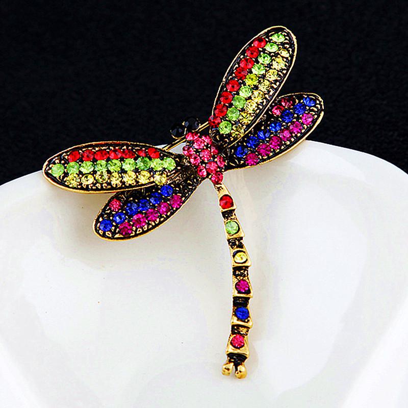 Bronze Dragonfly Brooch with Multicolor Rhinestones - Retro European and American Style European/American