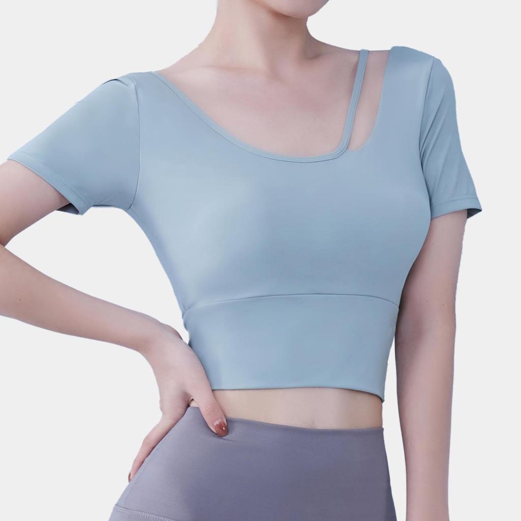 Summer Women's Quick-Dry Yoga Crop Top with Chest Pads - Short Sleeve Fitness Shirt