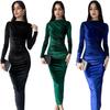 Women's Autumn and Winter Fashion Solid Color Slim Pleated Round Neck Long Sleeve Dress