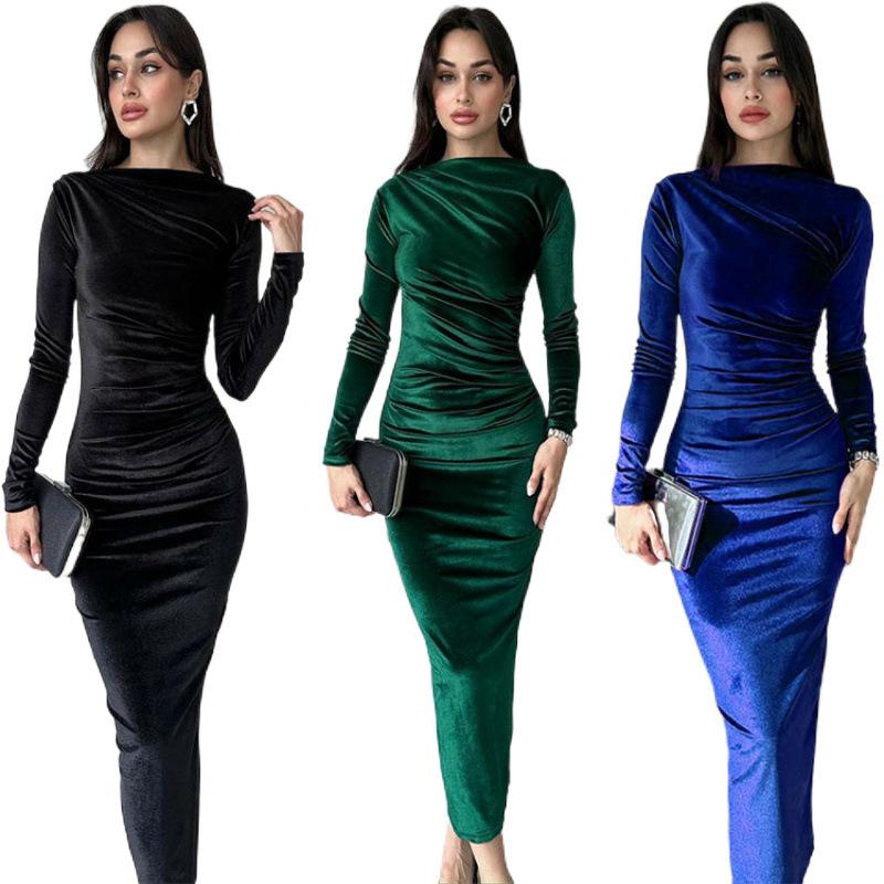 Women's Autumn and Winter Fashion Solid Color Slim Pleated Round Neck Long Sleeve Dress
