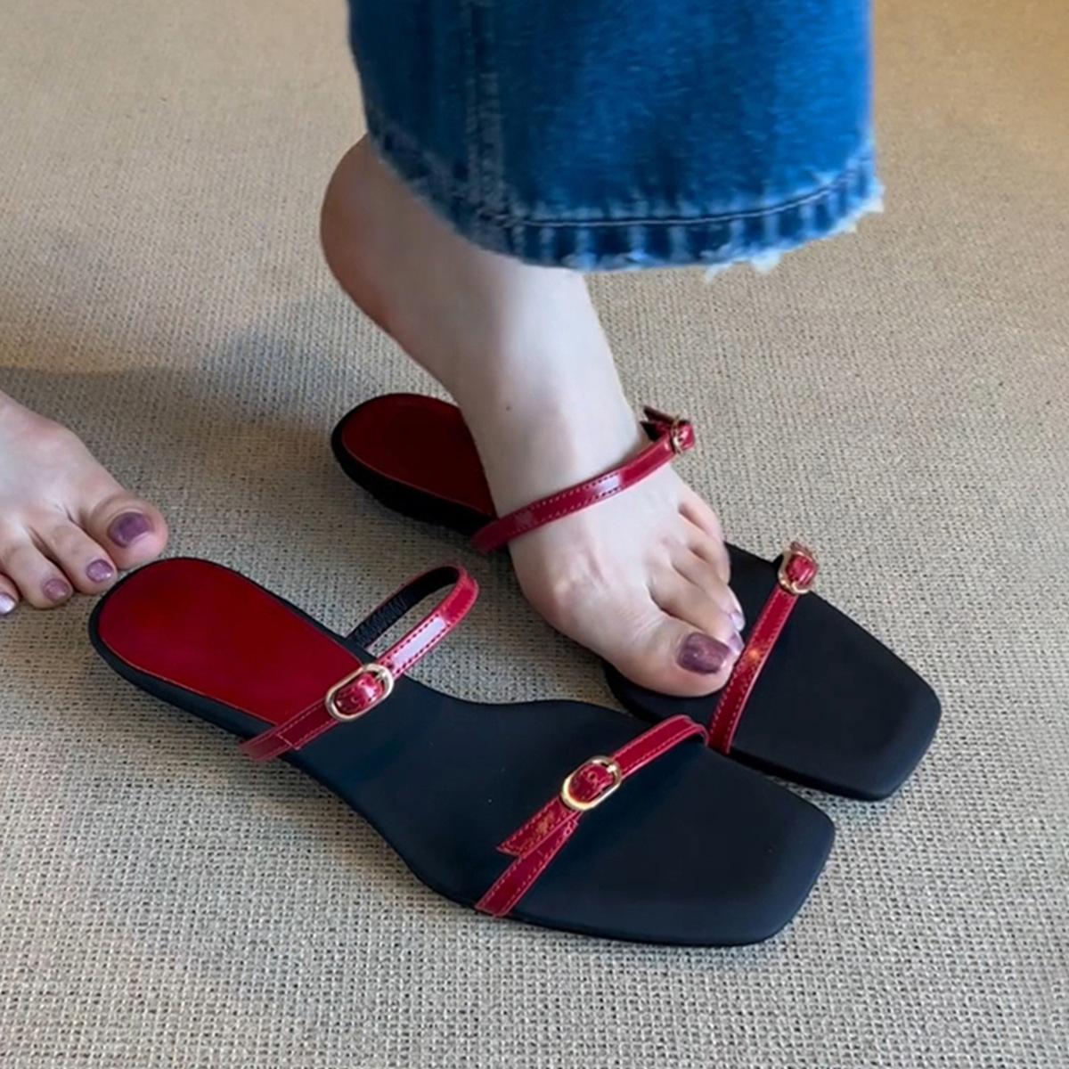 

Minimalist retro red temperament with slippers women s head open-toed summer versatile flat sandals 35